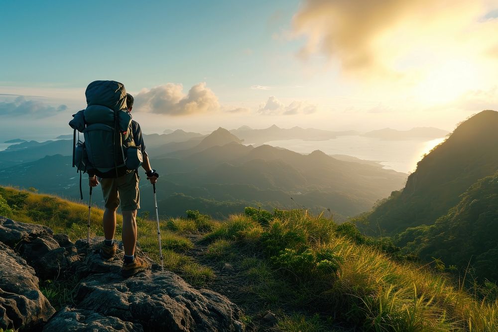 Man hiking photo backpacking adult mountaineering.