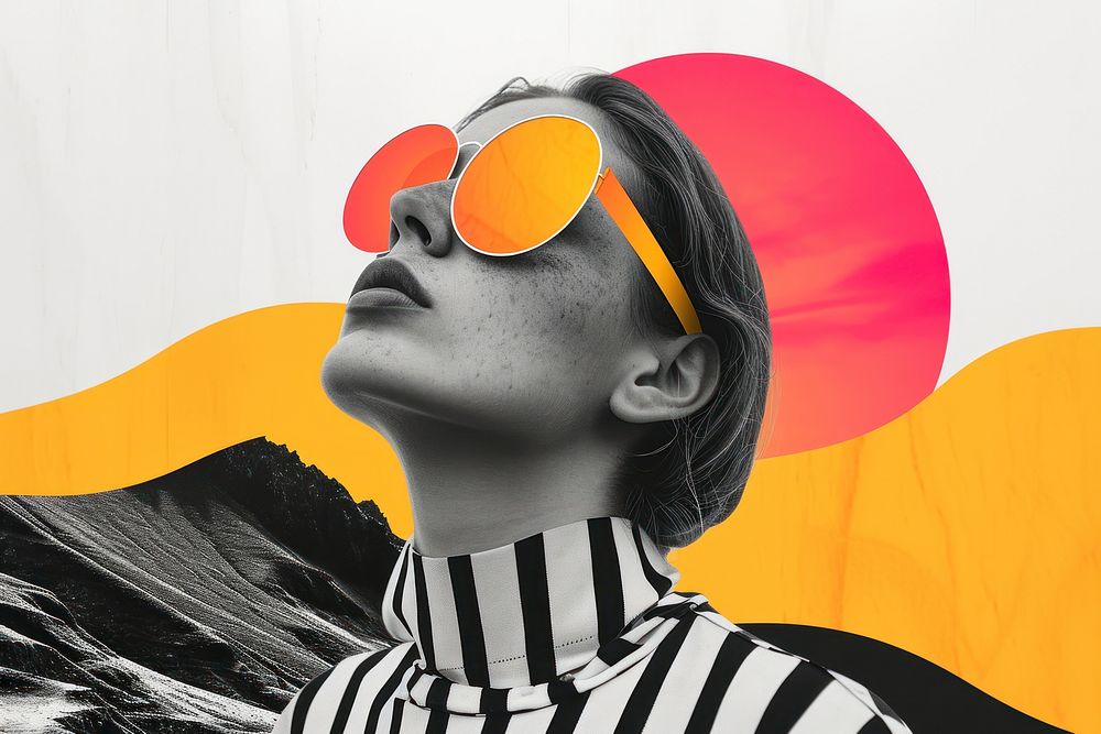 Paper collage sunglasses portrait art.