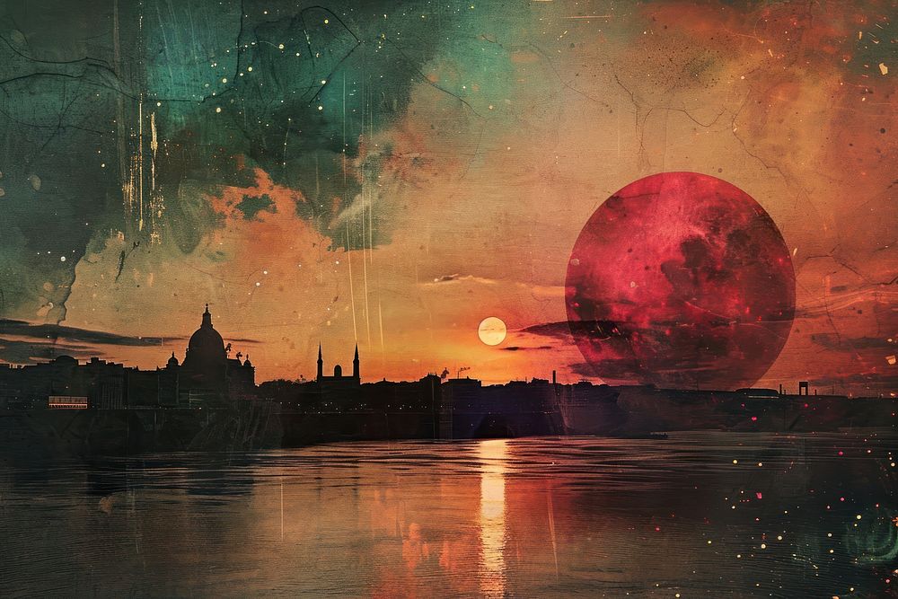Collage Retro dreamy sunset astronomy city outdoors.