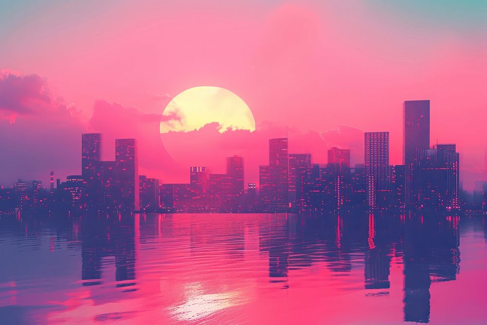 Collage Retro dreamy sunset city architecture landscape.