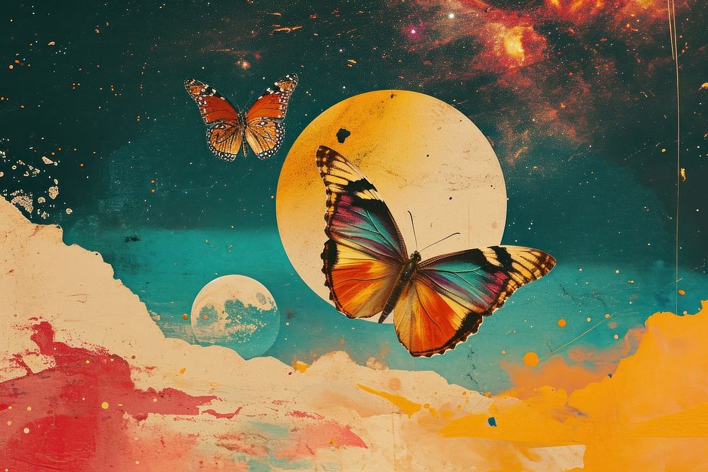 Dreamy Retro Collages whit butterflys outdoors painting art.
