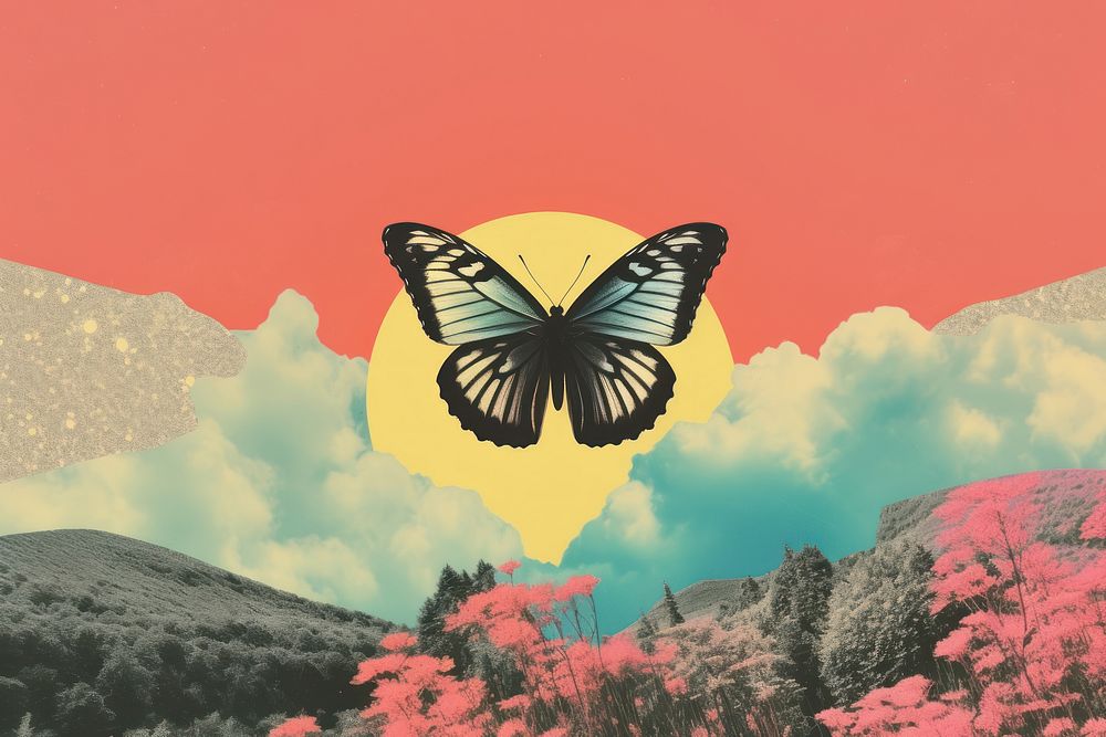 Dreamy Retro Collages whit butterfly outdoors nature sky.