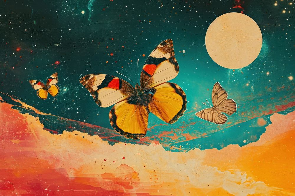 Dreamy Retro Collages whit butterflys outdoors painting nature.