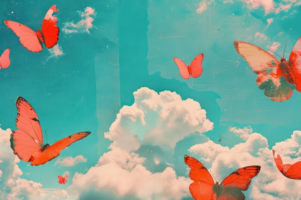 Dreamy Retro Collages whit butterflys sky outdoors nature.