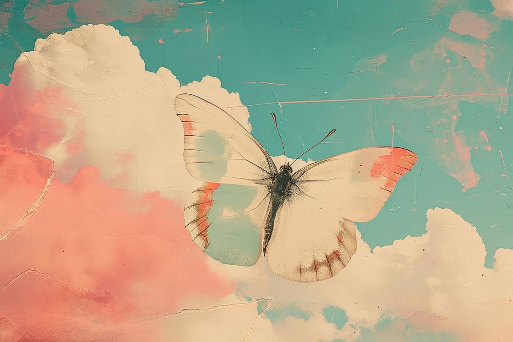 Dreamy Retro Collages whit butterfly animal insect sky.