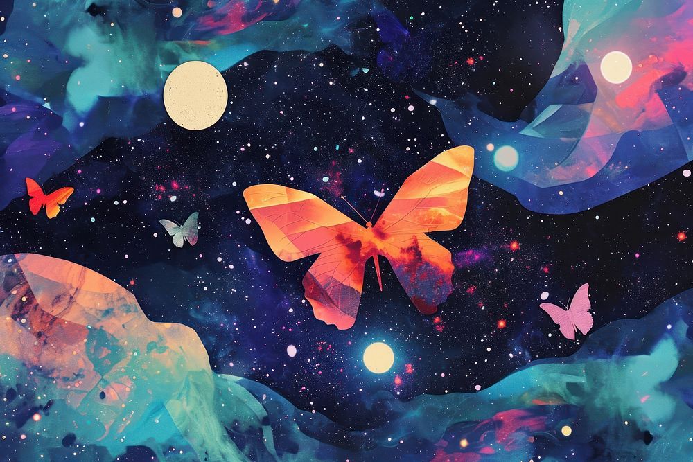 Dreamy Retro Collages whit butterflys astronomy outdoors nature.