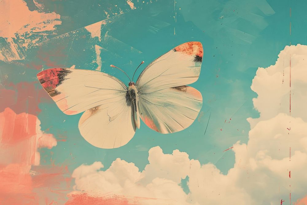 Dreamy Retro Collages whit butterfly sky painting outdoors.