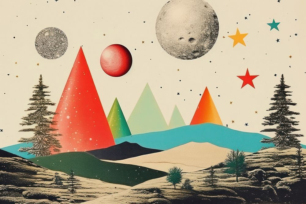 Dreamy Retro Collages of christmas astronomy art drawing.