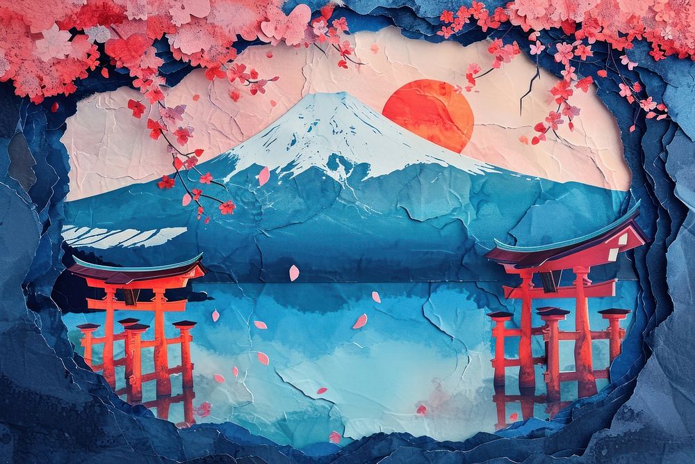 Fuji mountain painting art red.