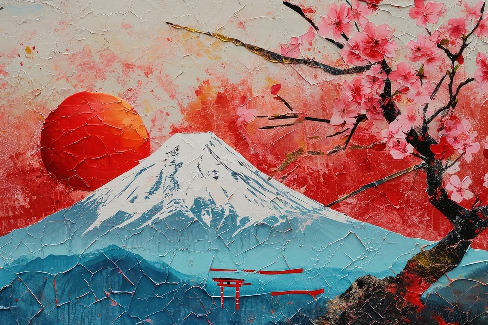Fuji mountain painting outdoors blossom.