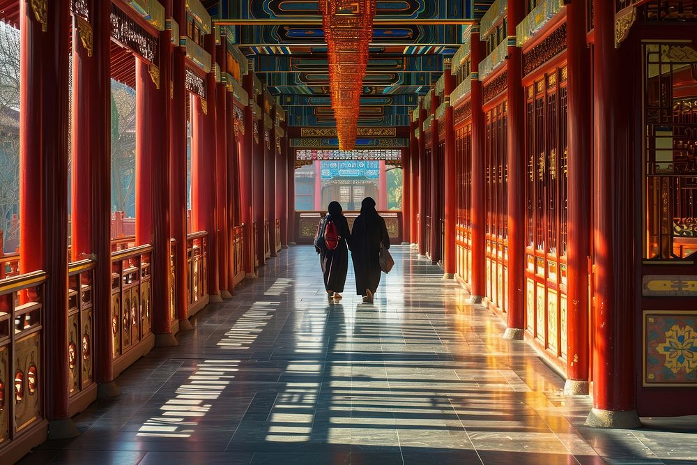 Palestinian women friends travel corridor walking temple.