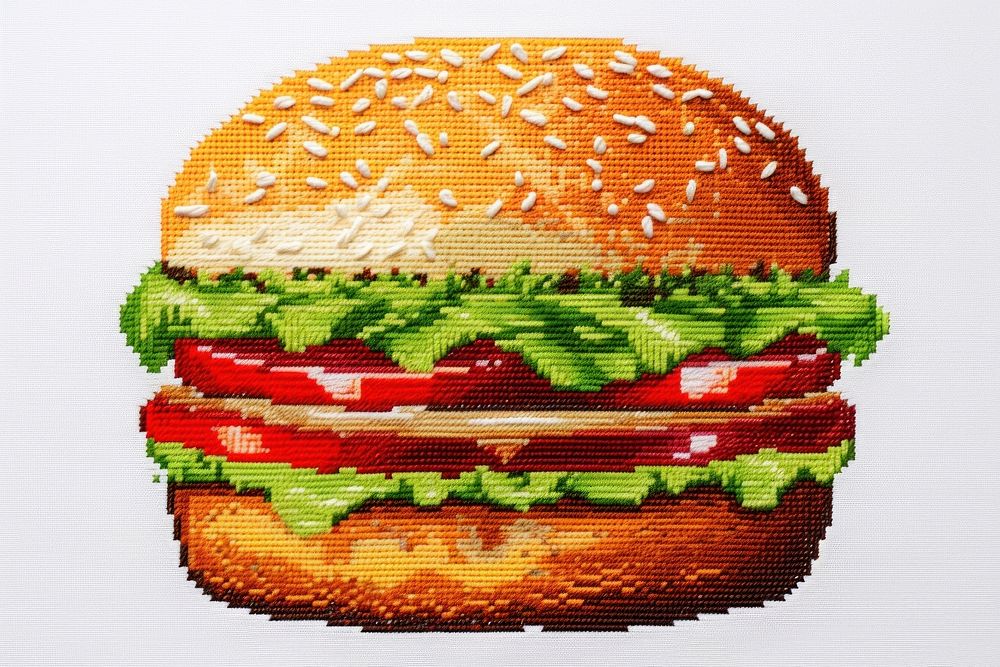 Burger in embroidery style food hamburger vegetable.
