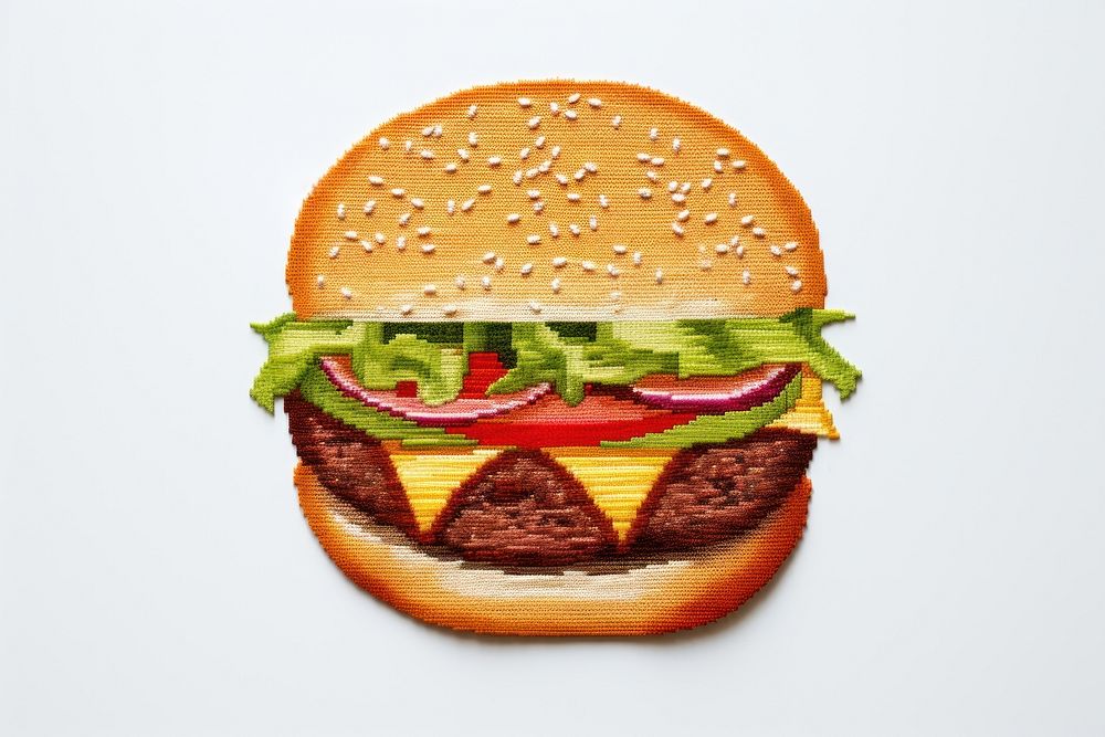Burger in embroidery style food hamburger vegetable.