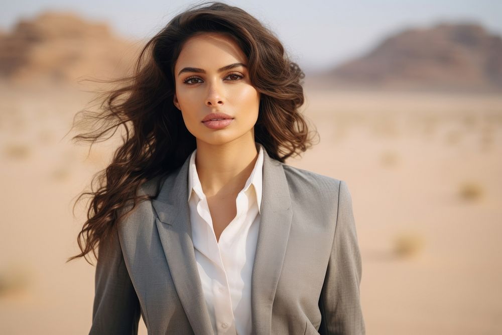 Middle East gorgeous businesswoman portrait standing desert.