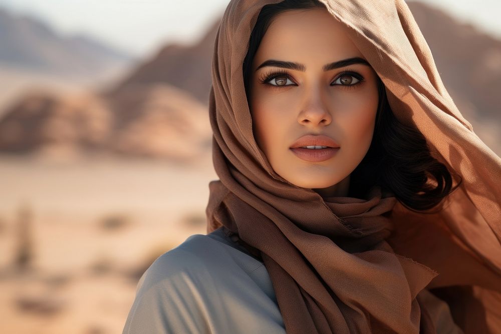 Middle East gorgeous woman portrait desert hijab.
