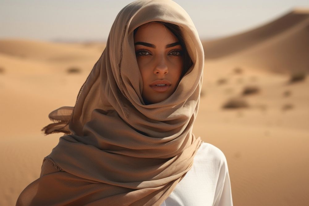 Middle East joyful woman desert portrait outdoors.