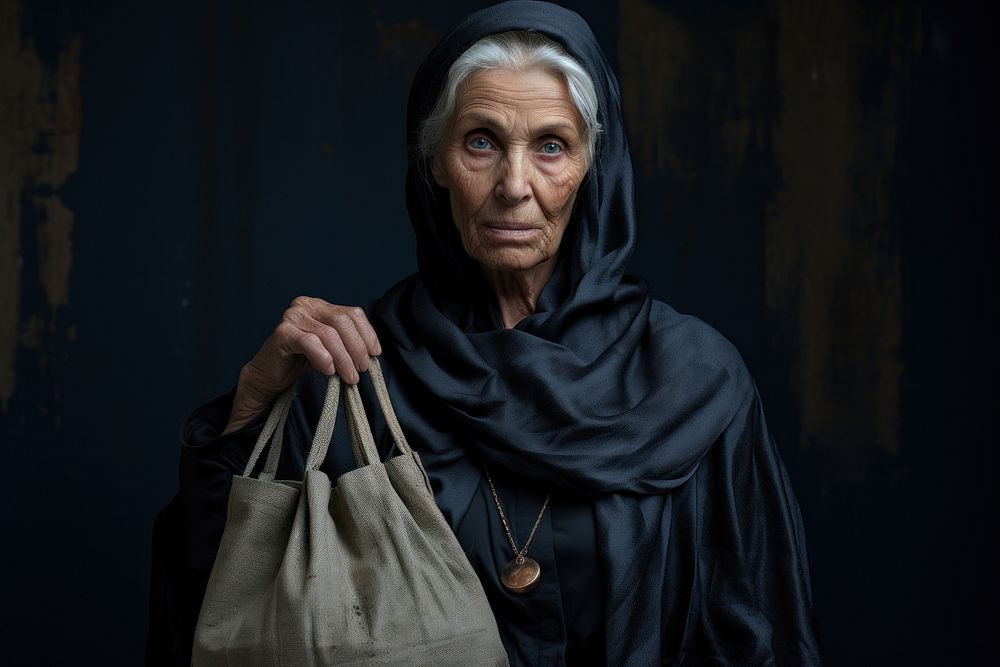 Middle East senior woman bag architecture accessories.
