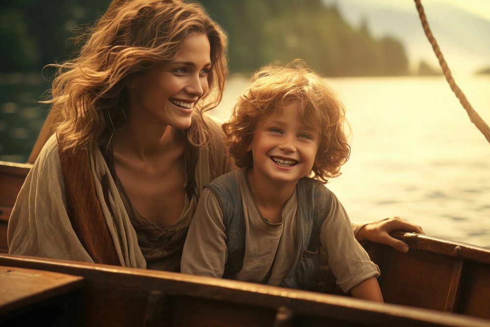 Mother sat happily with her son on a boat enjoyingly laughing portrait vehicle.