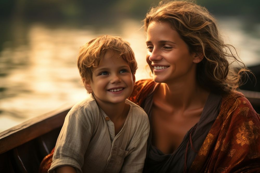 Mother sat happily with her son on a boat enjoyingly portrait adult child.