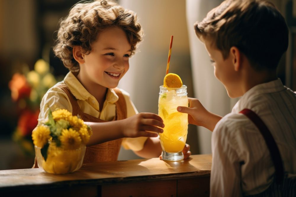 Boy drink togetherness refreshment.