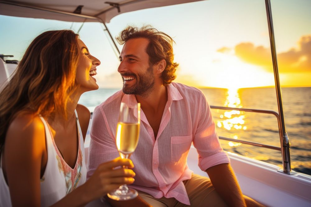 Caucasian young couple champagne drinking sailing.
