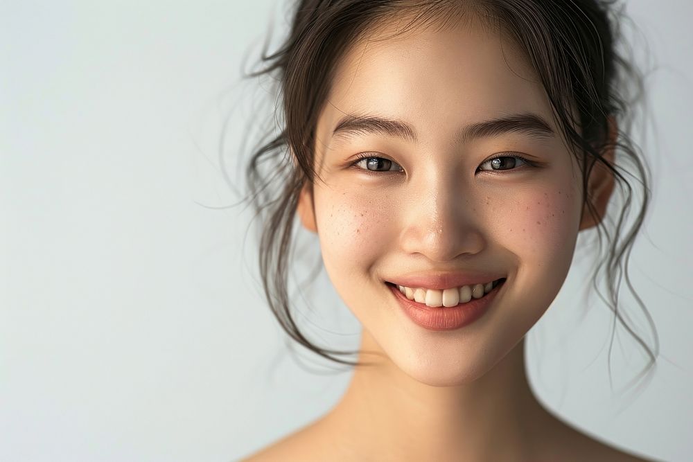 Close up south east asian woman no make up smile skin adult.