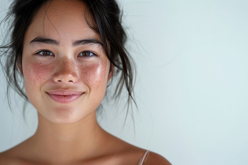 Close up south east asian woman no make up skin adult smile.