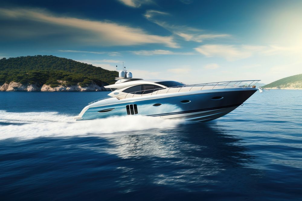 Fast motor yacht in navigation vehicle boating sea.