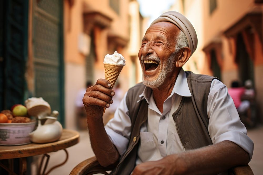 Moroccan senior man adult happy cream.
