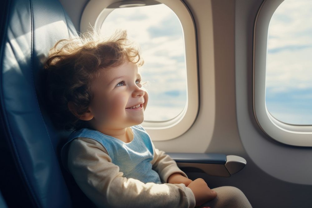 Happy kid sitting in a seat in airplane and looking out the window portrait vacation photo.