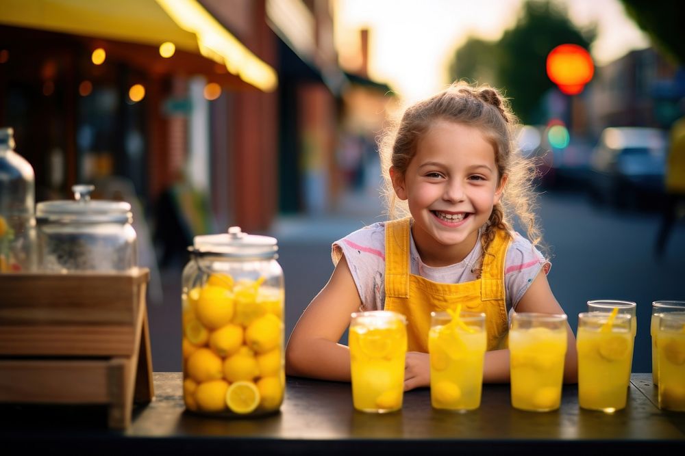 Little girl lemonade drink smile.