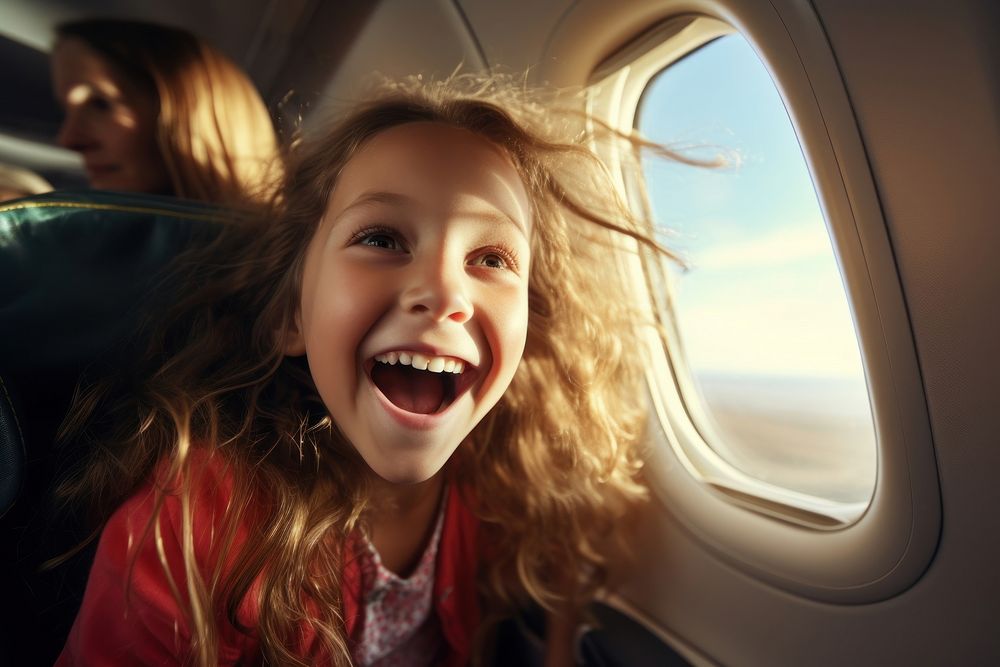 Happy Woman looking out of window sitting in airplane laughing portrait adult.