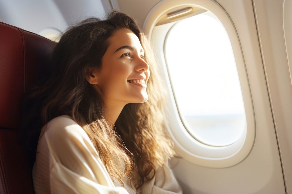 Happy Woman looking out of window sitting in airplane adult woman contemplation.