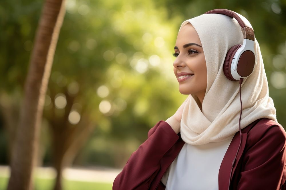 Qatari woman headphones listening adult.