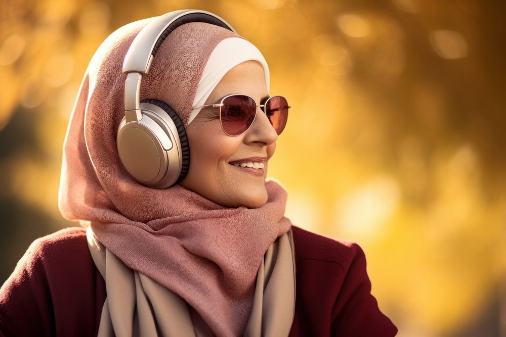 Qatari senior woman headphones listening headset.