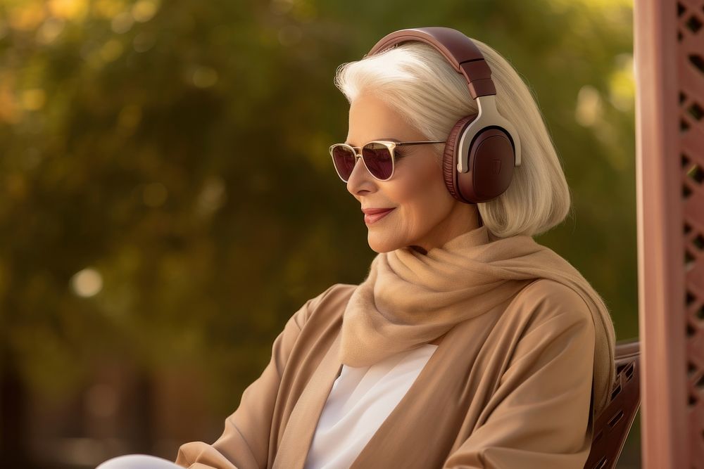Qatari senior woman headphones listening adult.