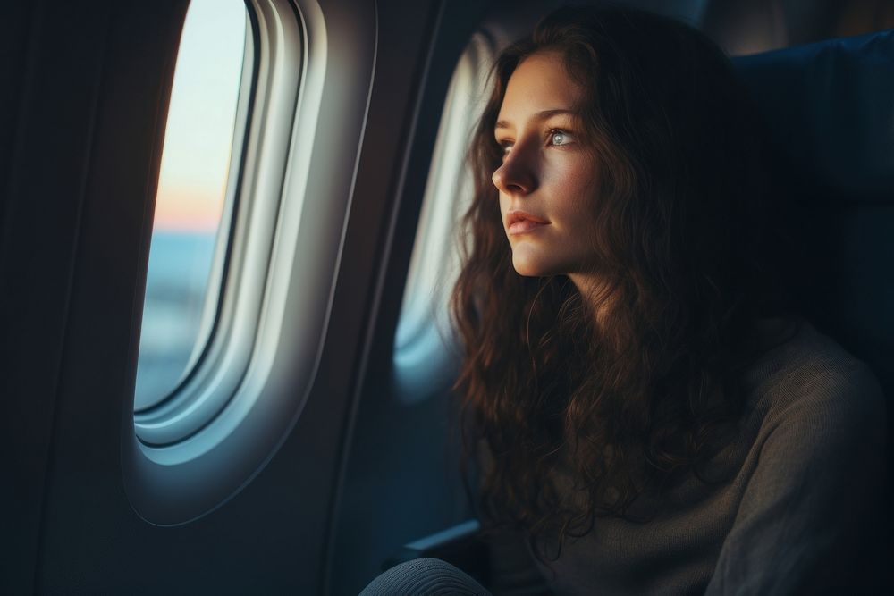 Sad Woman looking out of window sitting in airplane portrait adult woman.
