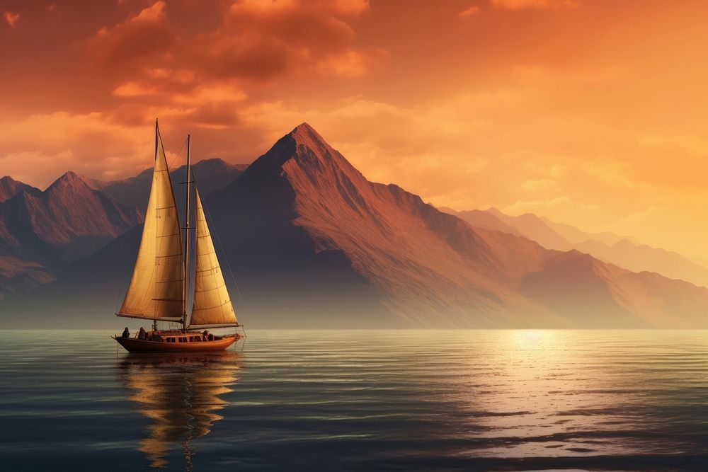 Sailing boat in the sea against the backdrop of mountains landscape sailboat outdoors.