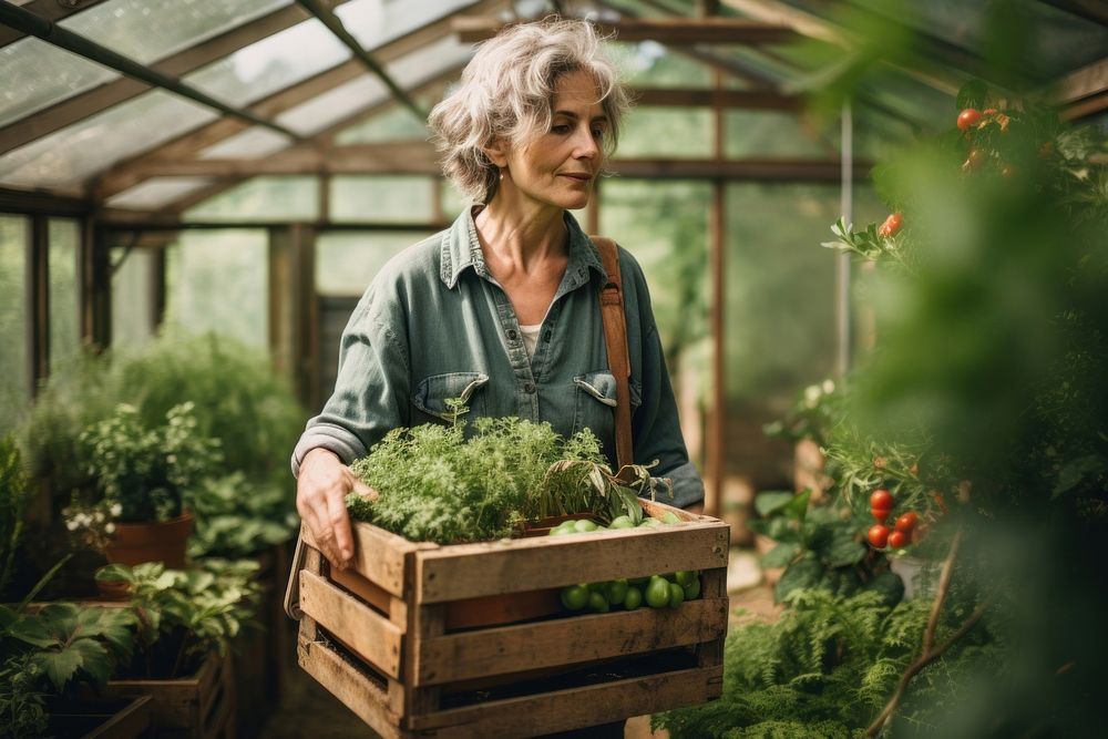 Senior gardener woman carrying crate with plants in greenhouse at garden gardening outdoors nature.