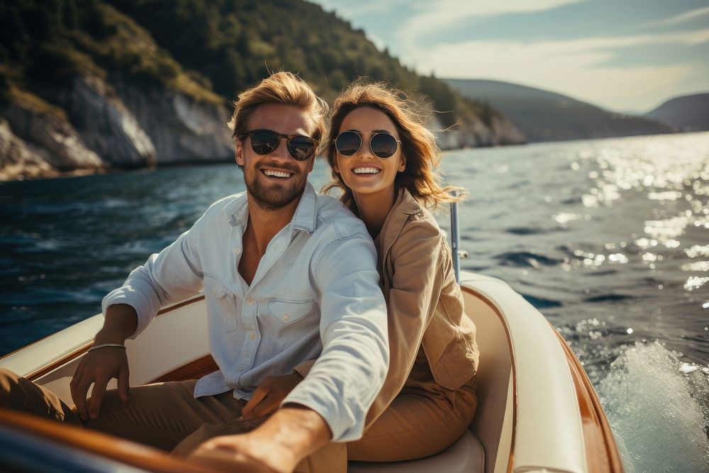 Young couple boat sunglasses outdoors.
