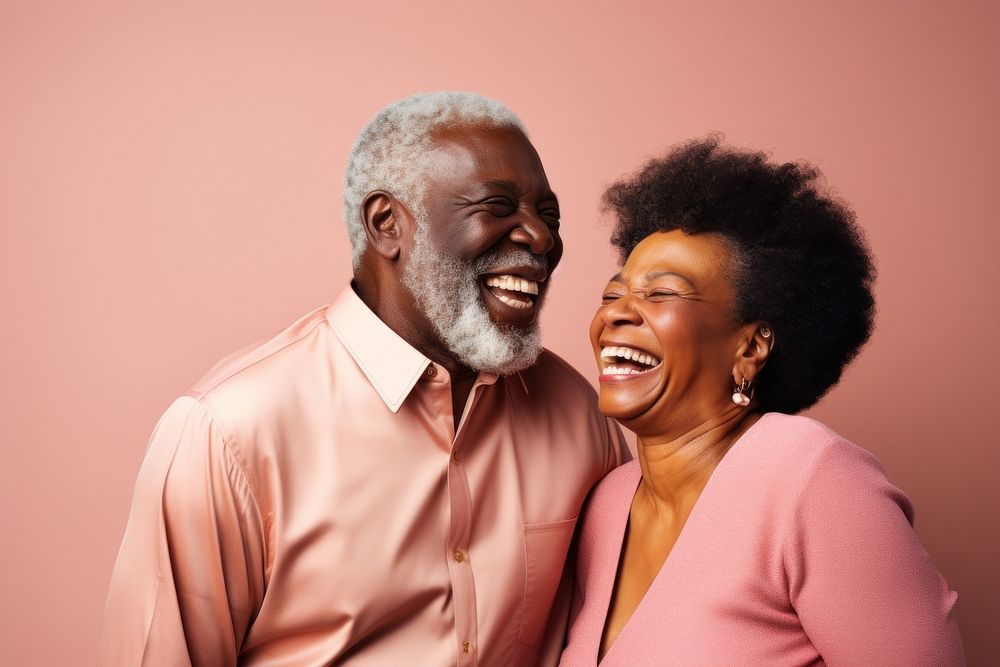 Black senior couple laughing adult affectionate.