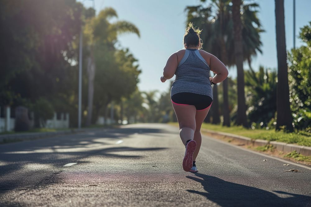 Fat woman jogging running shorts determination.
