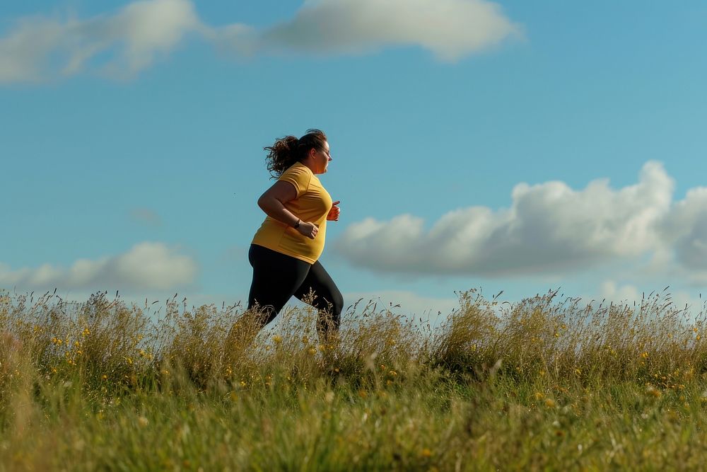 Fat woman jogging running adult determination.