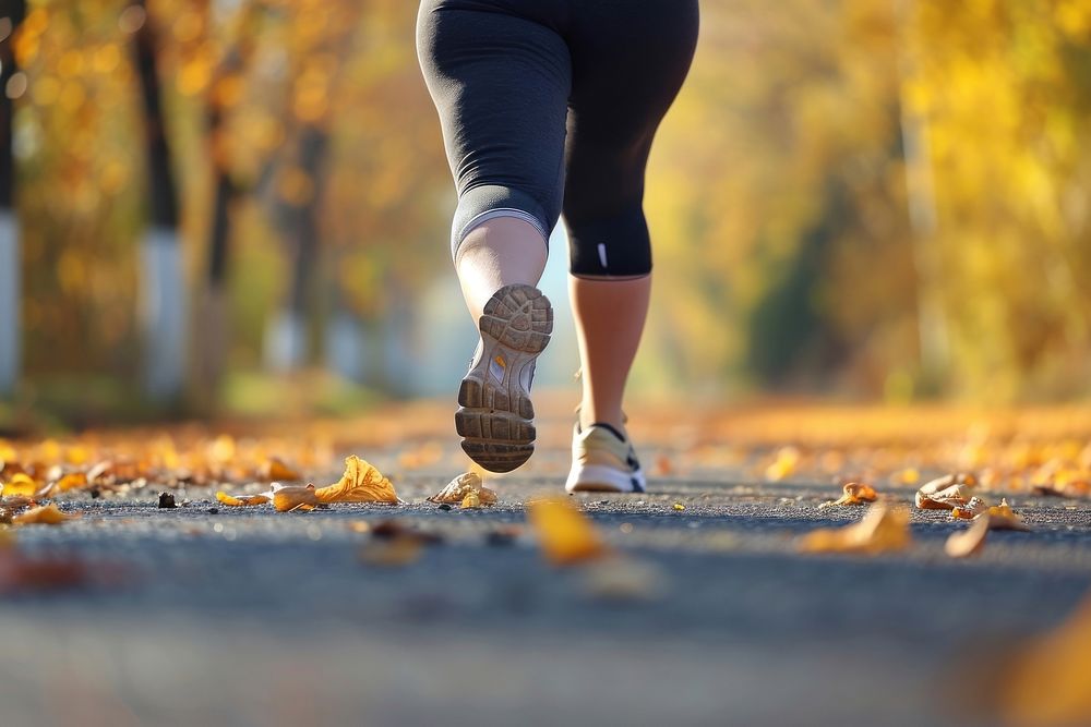 Fat woman jogging running autumn adult.