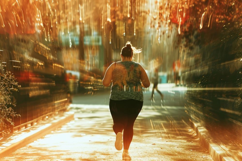 Fat woman jogging adult architecture reflection.