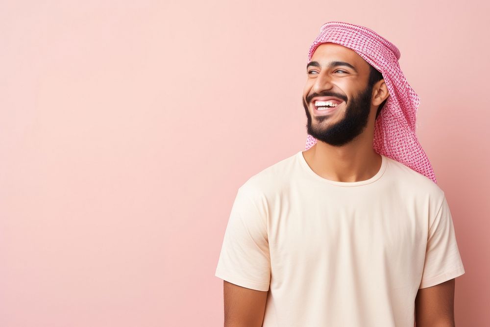 Middle eastern man in summer outfit laughing smiling adult.