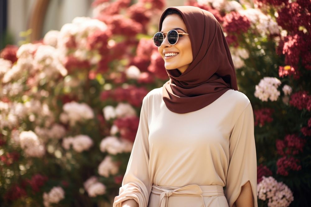 Qatari fwoman having a photoshoot in a flower gardern smiling scarf happy.