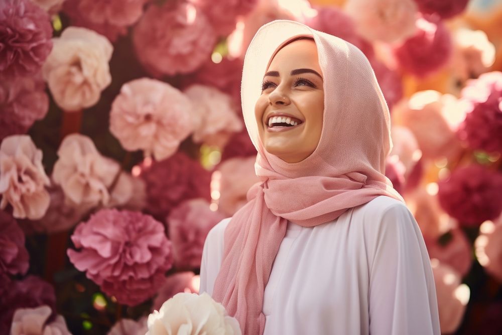Qatari fwoman having a photoshoot in a flower gardern laughing smiling scarf.