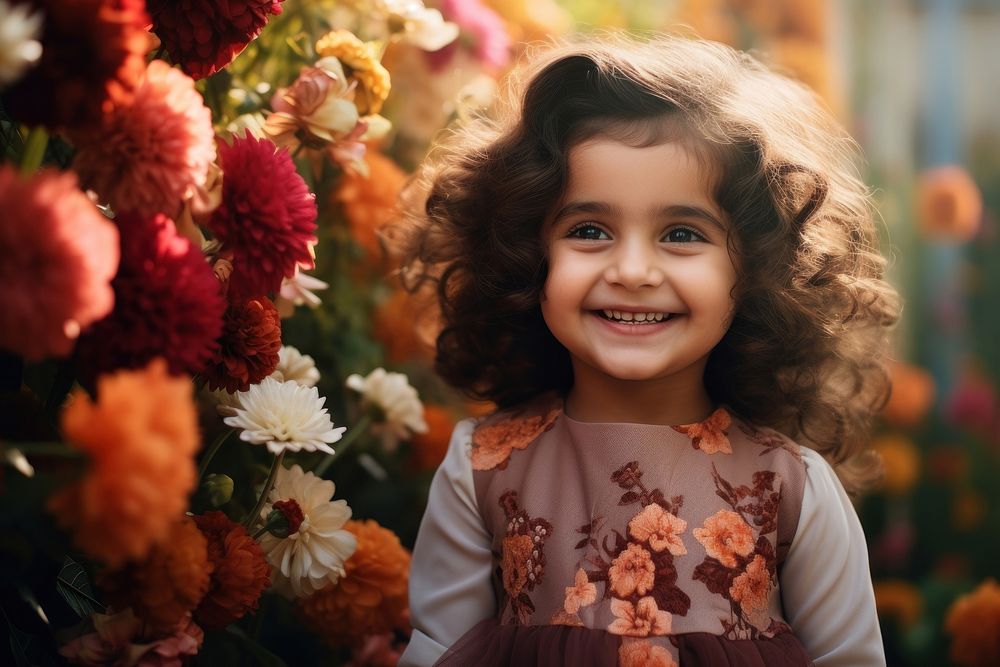Qatari little girl having a photoshoot in a flower gardern portrait smiling plant.