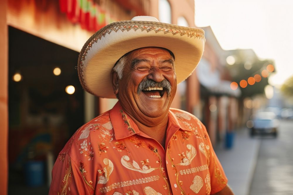 Mexican man laughing sombrero portrait.
